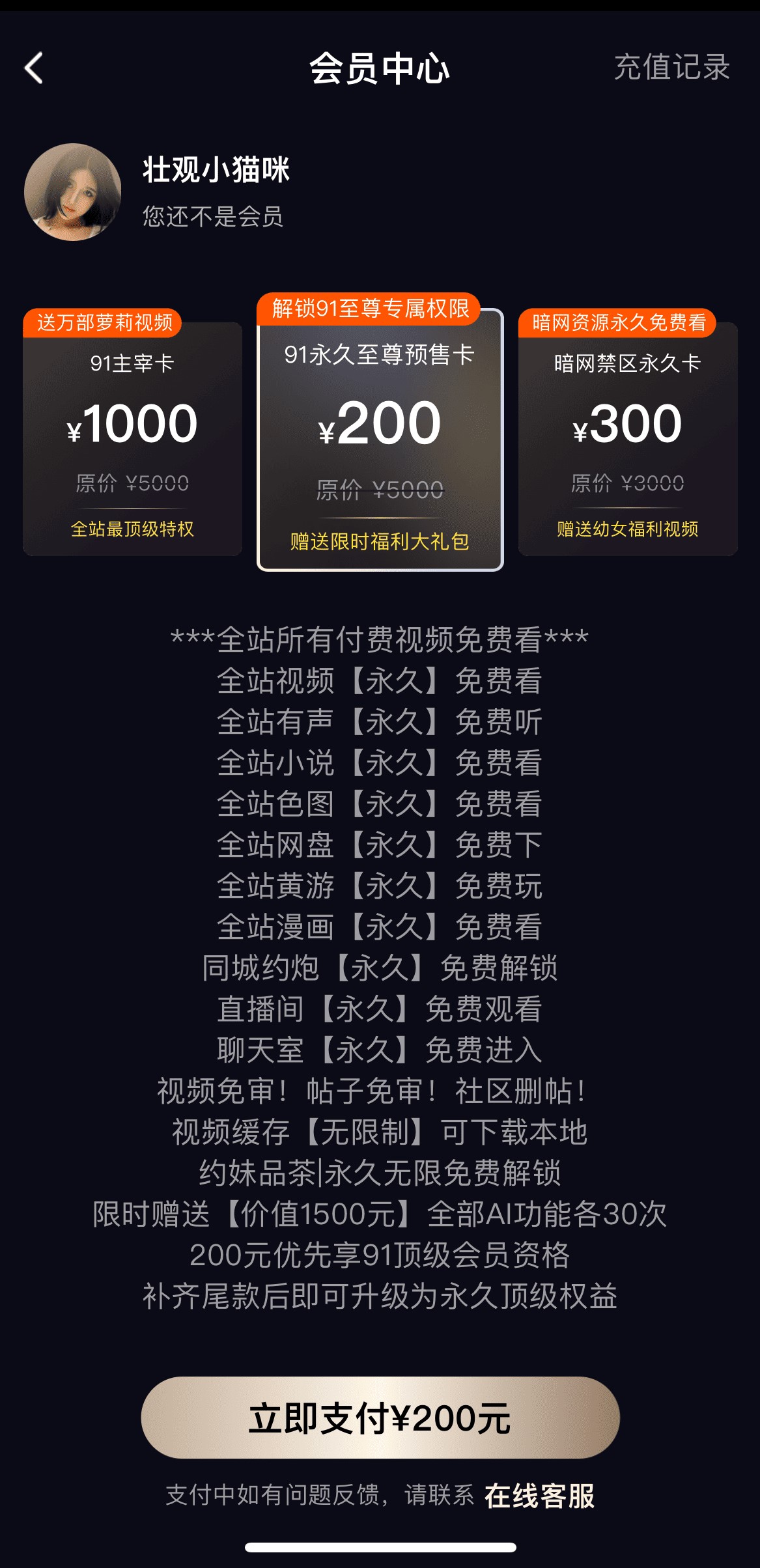 91POAPP会员中心多档VIP套餐权益说明与支付开通页面